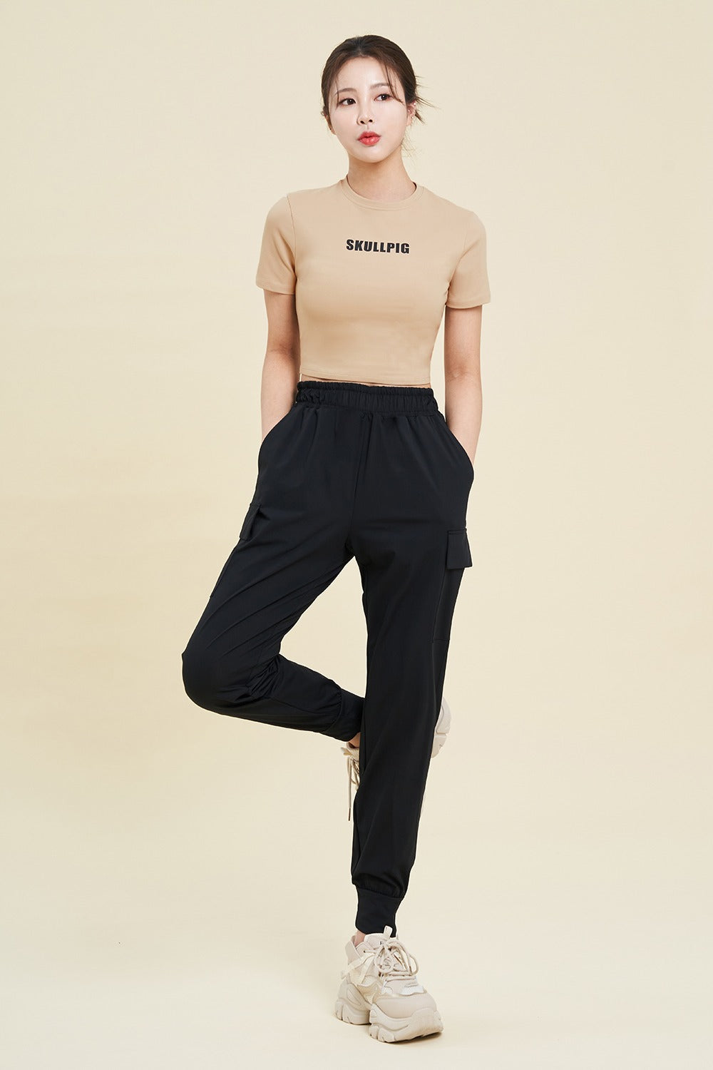 Logo Cropped Short Sleeve T-Shirt  - Beige