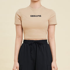 Logo Cropped Short Sleeve T-Shirt  - Beige