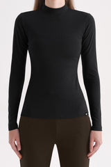 Ribbed Mock-Neck Long-Sleeve Top - Black