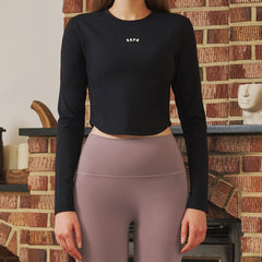 SKPG Round Neck Long Sleeve Crop Top - Black