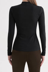 Ribbed Mock-Neck Long-Sleeve Top - Black