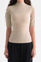 Ribbed Mock-Neck Short-Sleeve Top - Beige