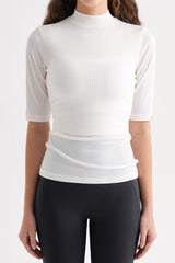 Ribbed Mock-Neck Short-Sleeve Top - White