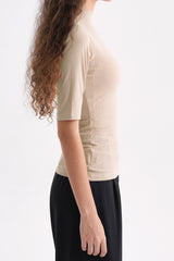 Ribbed Mock-Neck Short-Sleeve Top - Beige