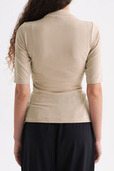 Ribbed Mock-Neck Short-Sleeve Top - Beige